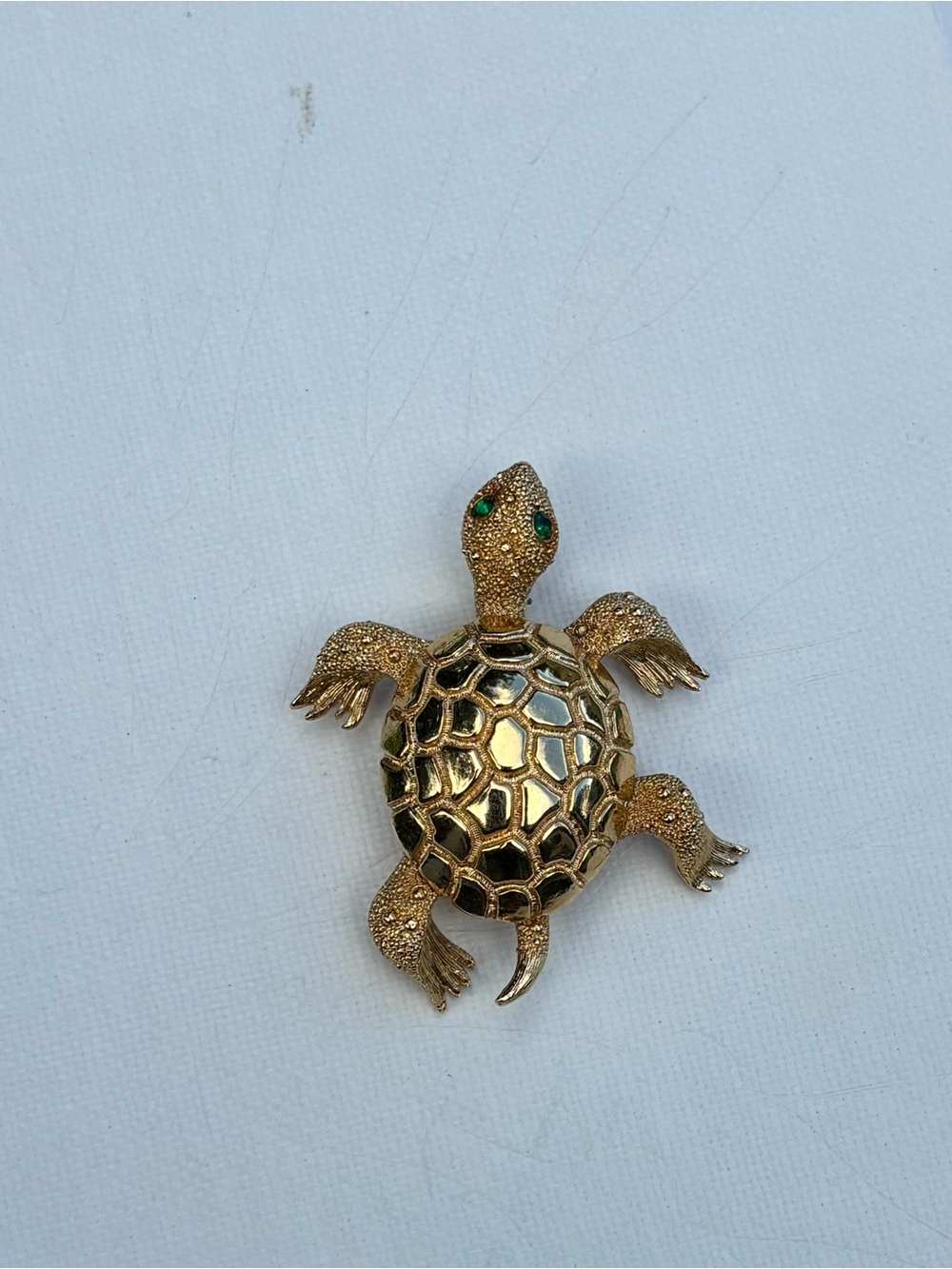 Monet Gold Turtle Brooch with Green Stone Eyes